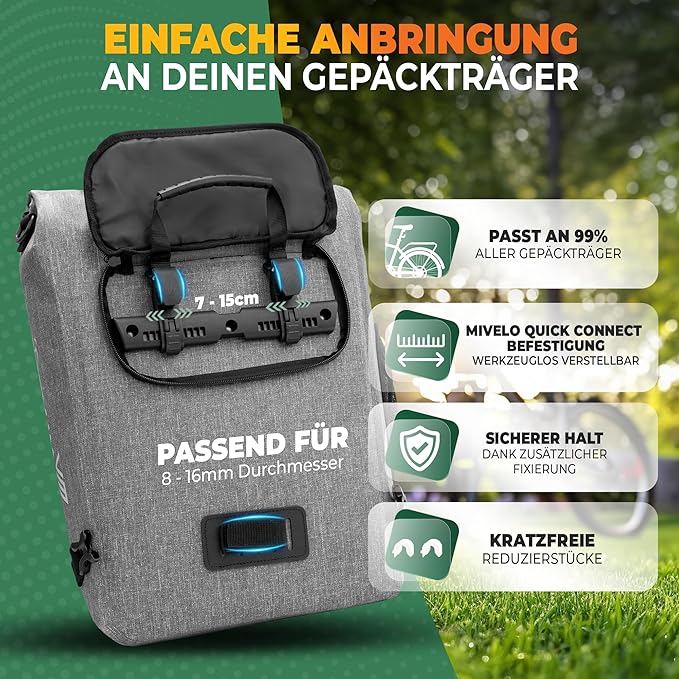 MIVELO 3-in-1 Pannier - Sac à dos et sac à bandoulière - Imperméable avec compartiment pour ordinateur portable et serrure - 20L - Gris