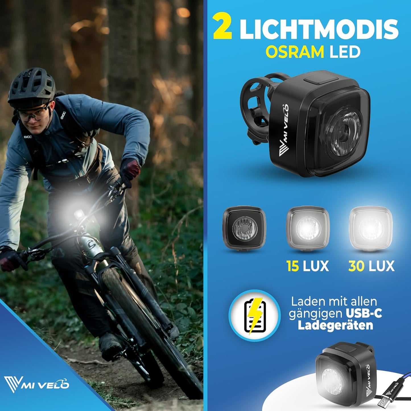 Mivelo Bicycle Light Set - LED Front & Rear Light - USB Rechargeable - Waterproof
