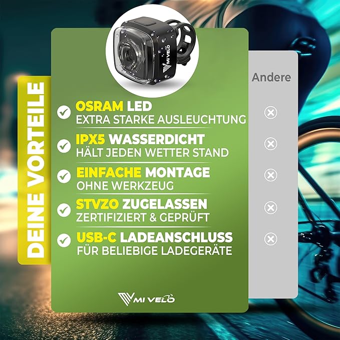 MIVELO Lumière pour vélo - rechargeable par USB et 100% étanche - IPX5 - Noir