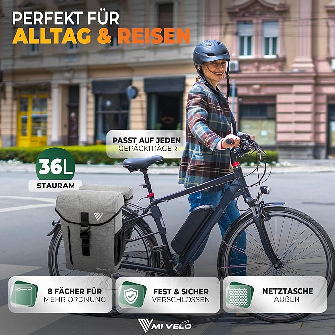 MIVELO Sac à vélo double - imperméable et avec housse de pluie réfléchissante - 36 litres - gris