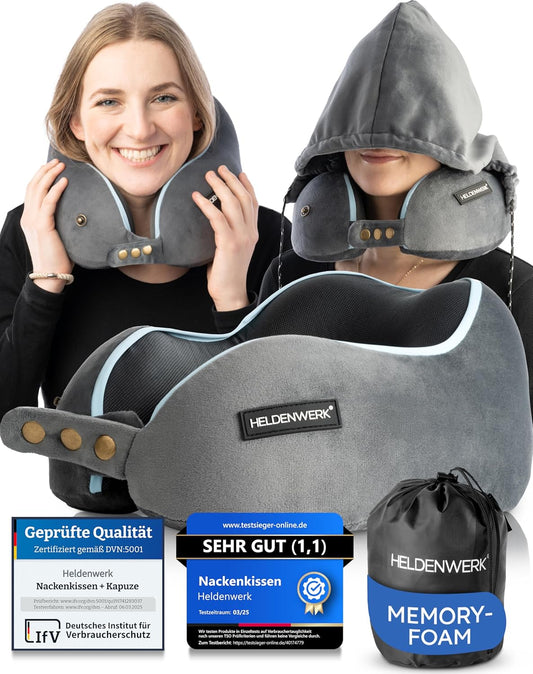 Heroism Oreiller de cou - Avec capuche - Réglable dans 6 directions - Lavable - Gris