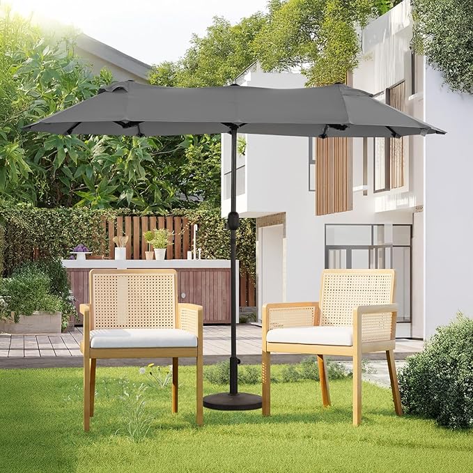 Angel Living Parasol double - 460 x 270 cm - avec manivelle Grand parasol Parapluie de marché - UPF 50+ - gris - 2.97x1.53cm