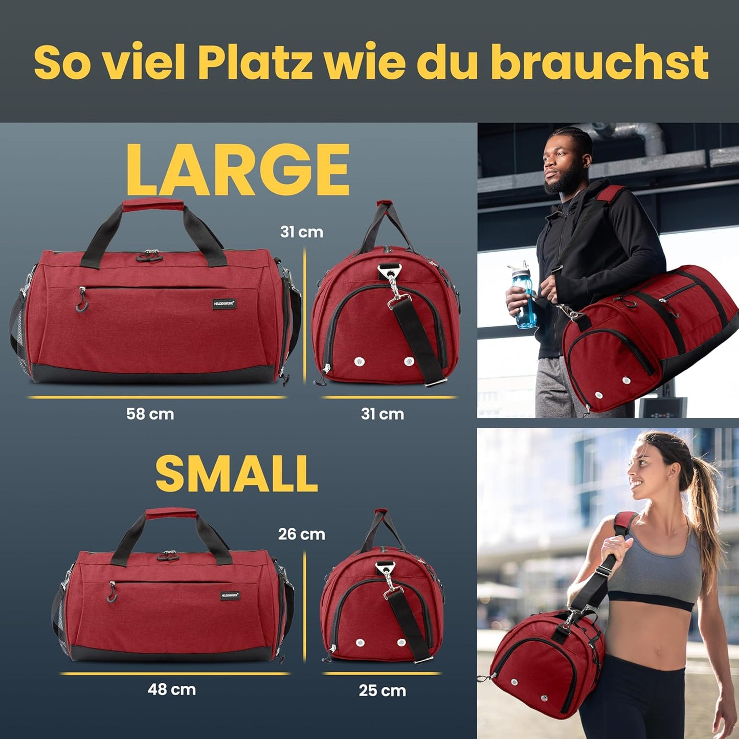 HELDENWERK Sac de sport - Sac de sport avec pochette pour chaussures et pochette étanche pour vêtements mouillés - Sac de sport et de voyage pour femmes et hommes - Sac de sport, de voyage et de week-end - 50L - Rose