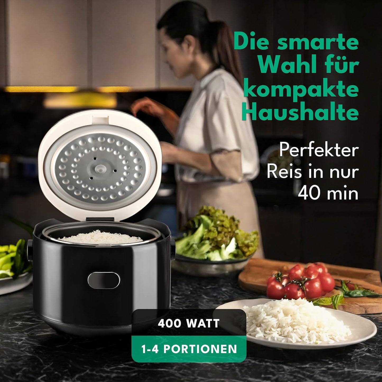 LEBENLANG Cuiseur de riz numérique 0.8L - 400W - Noir - 30x26x22 cm - Avec minuterie, fonction de chauffage, tasse à mesurer et cuillère à riz