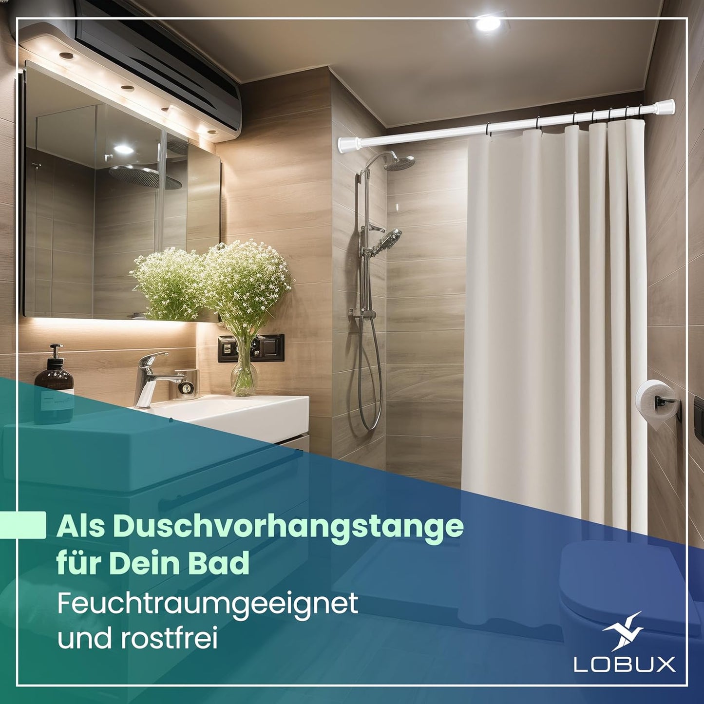 LOBUX® - Tringle à rideau sans perçage [blanc, 210-300cm] - tringle télescopique extension de rideau - tringle de douche sans perçage - tringle à rideau, tringle à rideau de douche, tringle à linge, tringle de serrage filet de chat