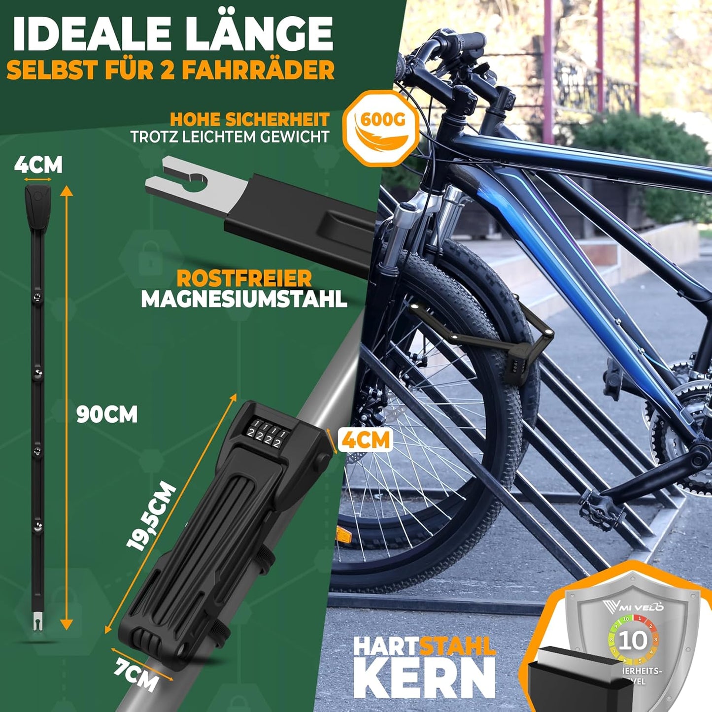 Antivol à code pour vélo MIVELO - pliable - avec compartiment secret pour AirTags - 90 cm de long - acier robuste - 19,5 x 7 x 4 cm