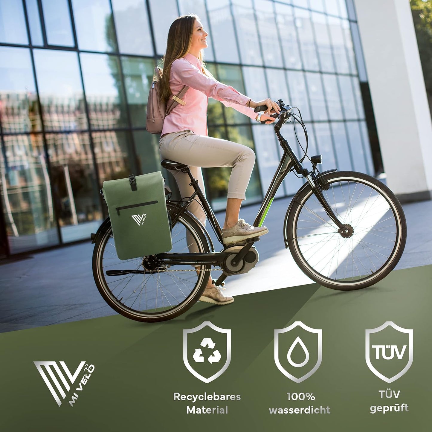 MIVELO Sacoche 3 en 1 pour porte-bagages - 100% étanche - sans PVC - Vert olive - 25L