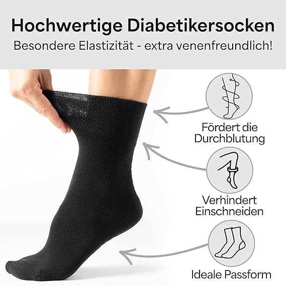 HELDENWERK Chaussettes diabétiques pour hommes et femmes, 10 paires, chaussettes diabétiques sans élastique et sans couture en 97% coton, chaussettes de santé extra larges avec bande confortable - Taille 39-42 - Noir