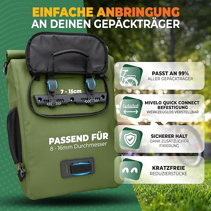 MIVELO - Sacoche étanche 3 en 1 avec compartiment pour ordinateur portable - Vert olive - 20L
