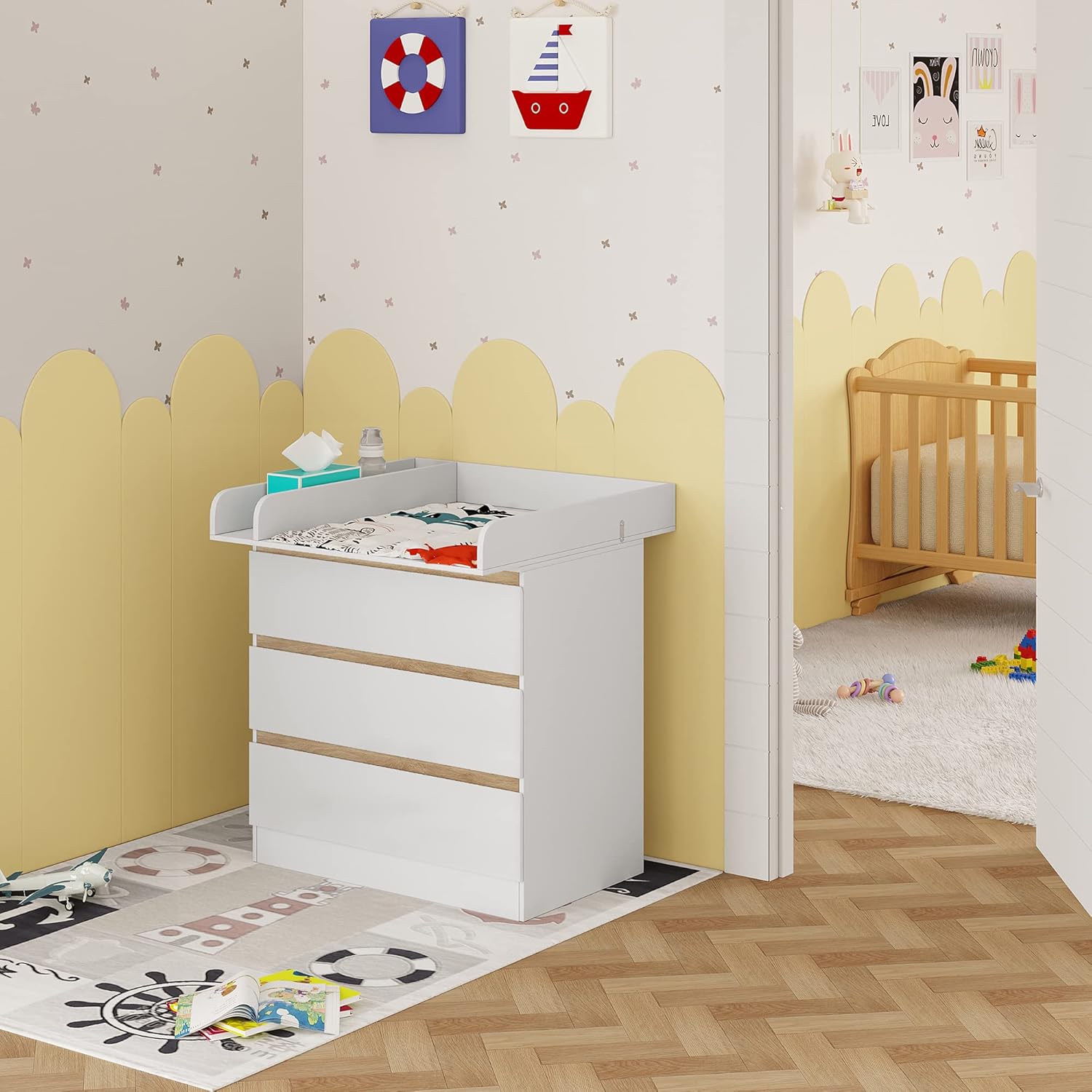 Woltu Table à langer avec support à langer - 80x48x78 cm - Blanc et Chêne - 3 Tiroirs - Hauteur de travail ergonomique de 86 cm