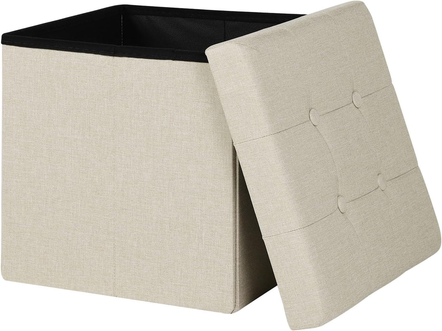 Woltu Tabouret de rangement pliable avec couvercle - Lin blanc cassé - 37,5 x 37,5 x 38 cm - Tabouret et pouf de rangement 35L