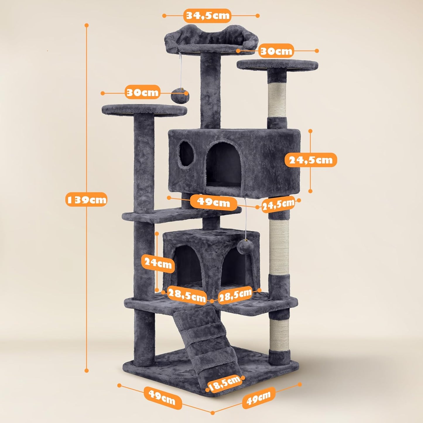 Yaheetech Scratching Post - 3 plateformes d'observation - 2 terriers pour chat - 49 x 49 x 139 cm - Gris foncé