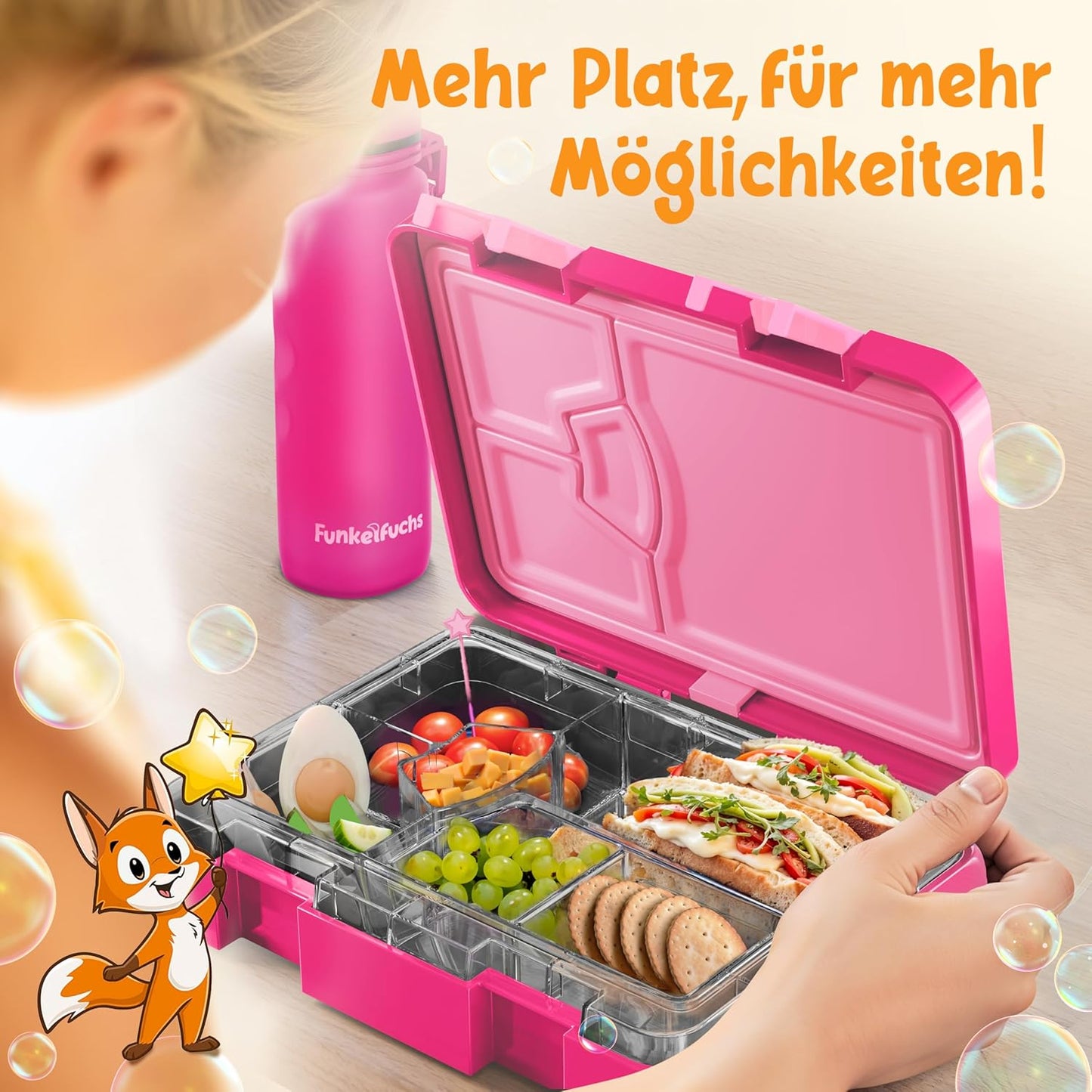 Funkelfuchs® - Lunchbox pour enfants avec compartiments - 800ml, rose - Lunchbox moonlight, large - Boîte à snacks, boîte à snacks, boîte à lunch, boîte à repas, boîte à bento pour enfants - pour l'école, la garderie et le jardin d'enfants