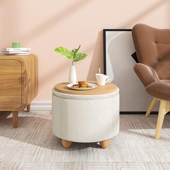 WOLTU pouf de rangement - pouf rond avec couvercle - lin crème blanc - 39 x 33 cm - pieds en bois