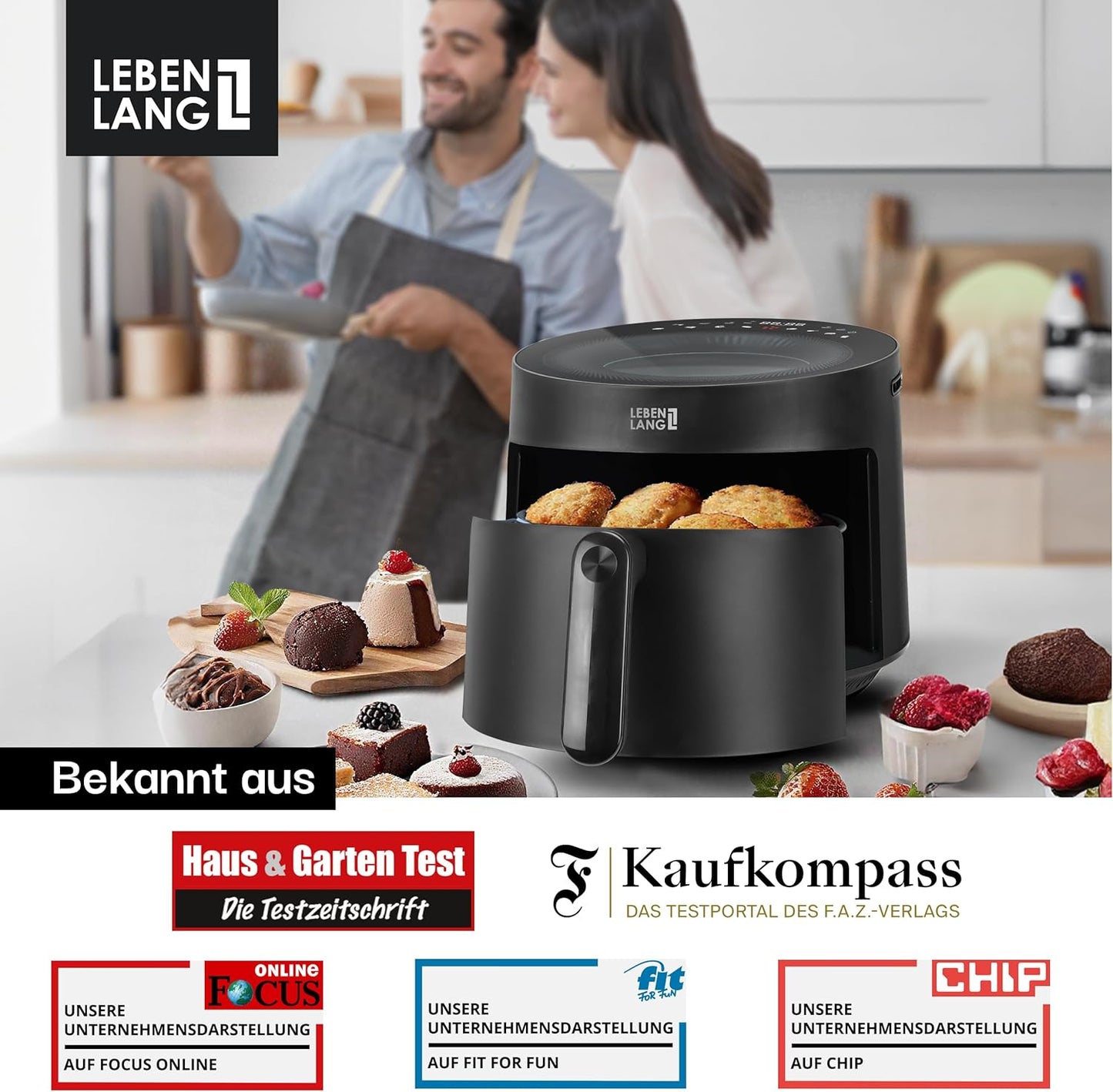 LEBENLANG Airfryer 5L & 1500W - 8 Programmes - Livre de recettes inclus - 45 x 30 x 27 cm - Noir