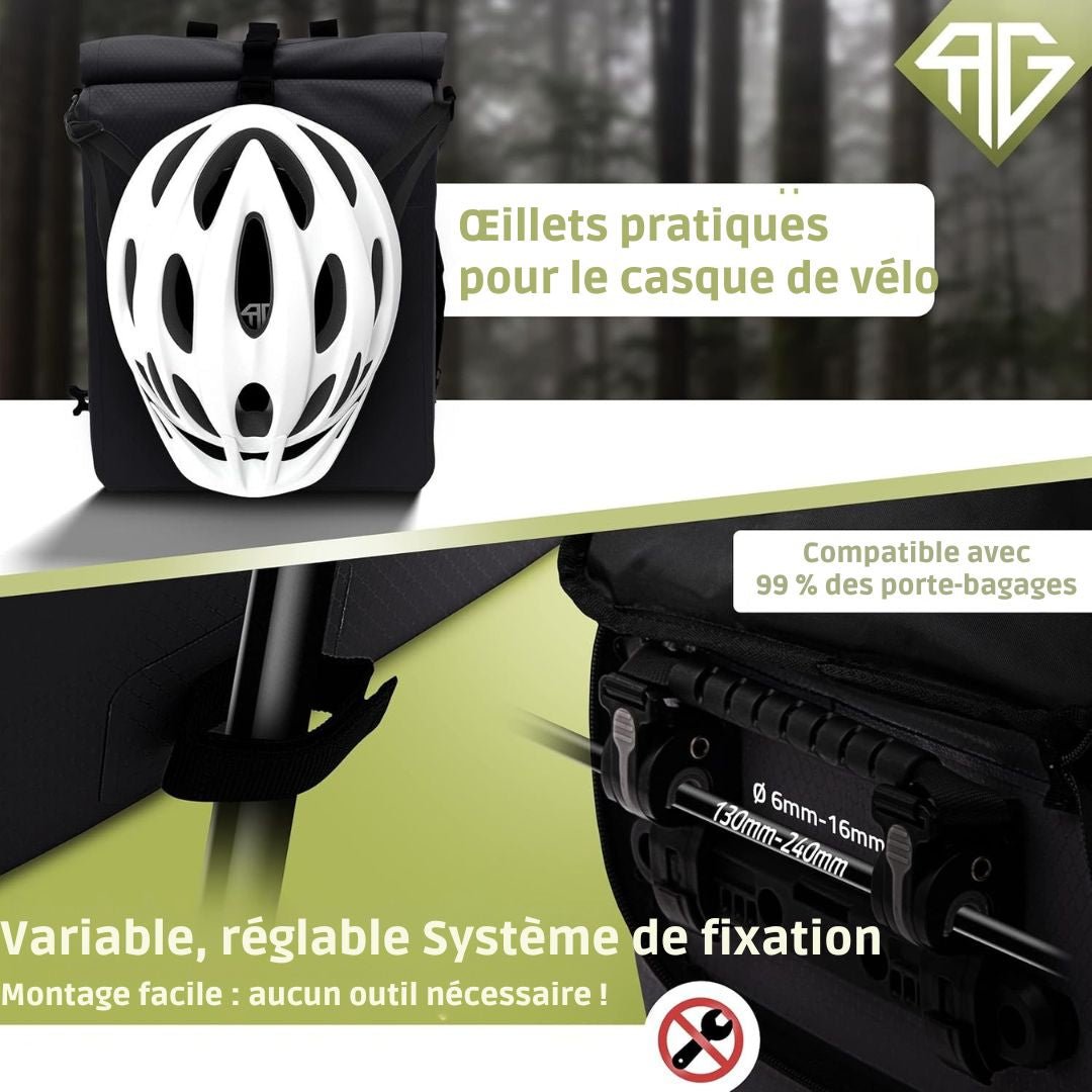 Sacoche de vélo 3 en 1 RADGEIST - sac à dos de vélo, sacoche de porte-bagages, sacoche à bandoulière, avec compartiment pour ordinateur portable, étanche, 25 litres, noir