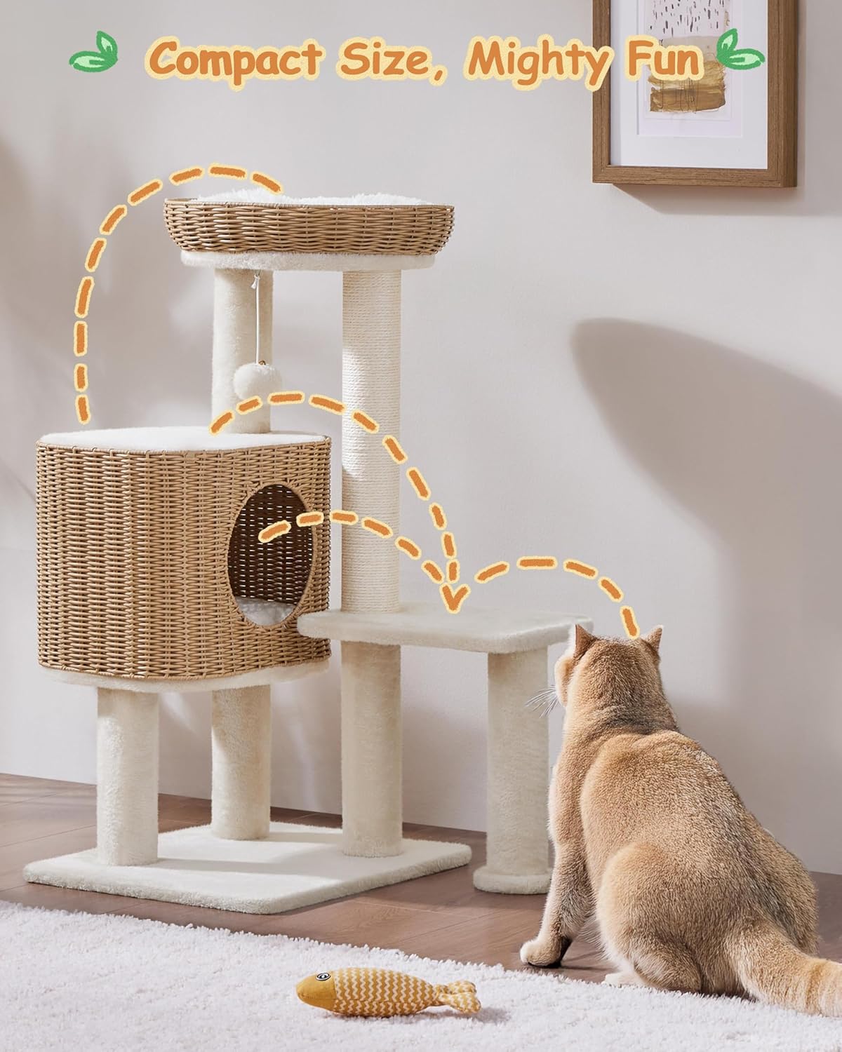 Yaheetech Poste pour chat avec maison en rotin - 49 x 41 x 91 cm - équipé d'un panier de luxe, de griffoirs en sisal et de tapis amovibles - pour chatons et chats adultes - en rotin beige et en peluche