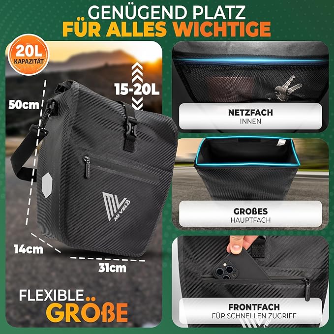 MIVELO Pannier - Imperméable & Incl. Bandoulière & Compartiment pour ordinateur portable - 20 litres - Carbon