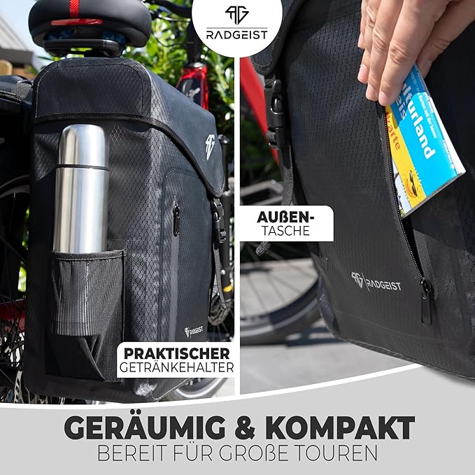 RADGEIST sacoche de transport 100% étanche I Double sacoche vélo 50 litres - Double sacoche de transport avec fixation facile