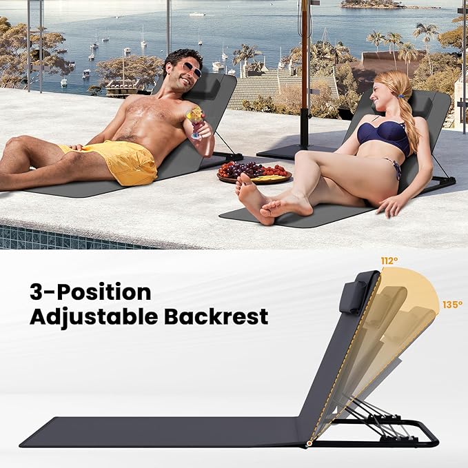 WOLTU LS006dgr-2 - set de 2 tapis de plage avec dossier - gris foncé - pliable avec 3 positions et coussin de tête