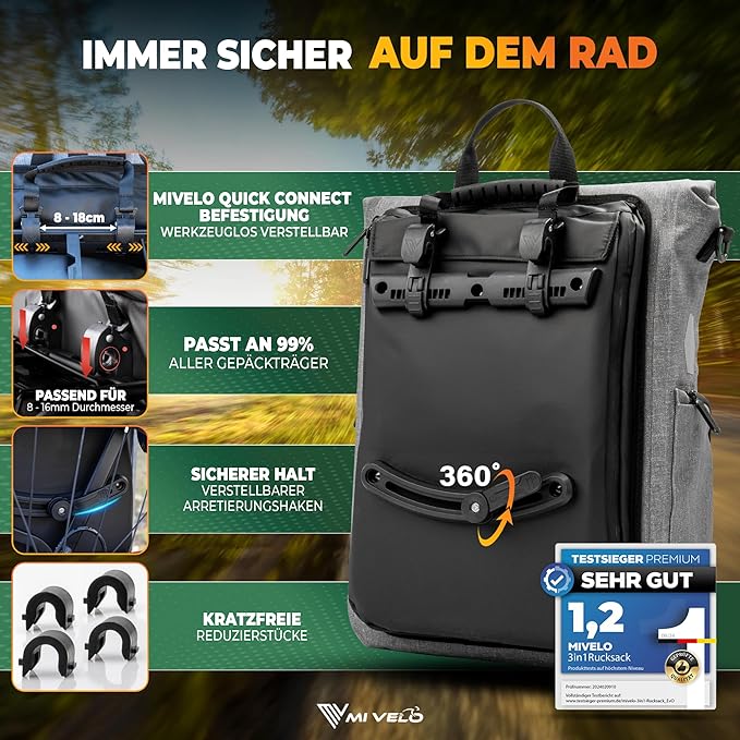 MIVELO - 3-in-1 Pannier & Sac à dos - Capacité 25 l - TPU - Gris - Avec compartiment pour ordinateur portable et bandoulière - Pour porte-bagages