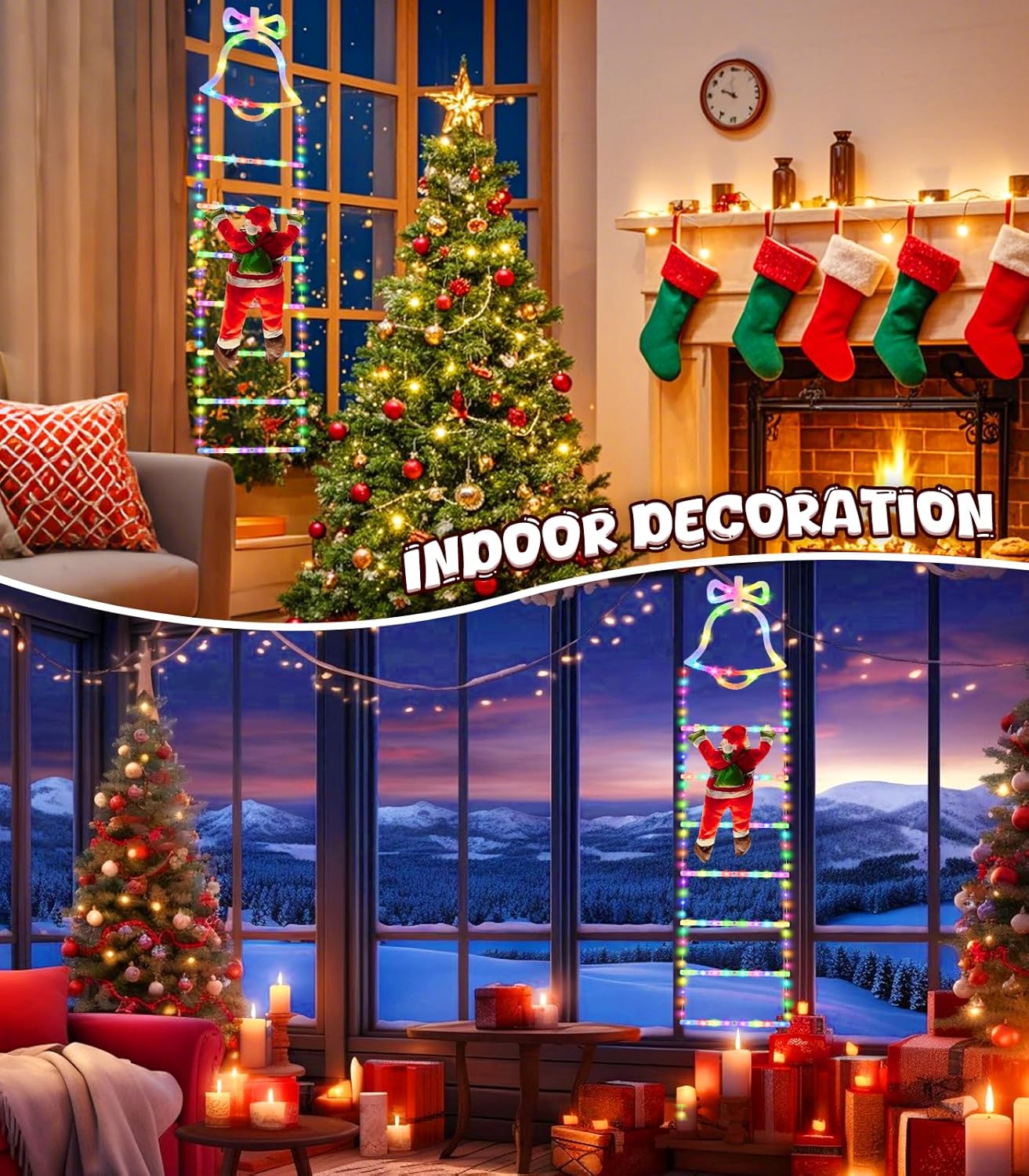 Illuminations de Noël extérieures échelle LED avec Père Noël 200 cm multicolore - batterie - 150 lumières - 8 modes d'éclairage - intérieur et extérieur