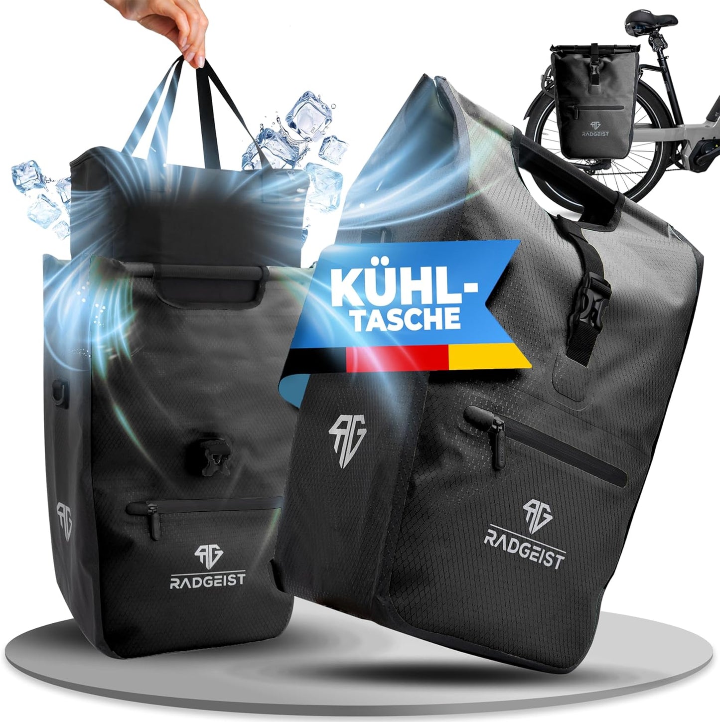 RADGEIST sacoche vélo pour porteur I sacoche vélo shopper avec sac isotherme amovible I sac messager & sac shopping 22-28 litres - noir
