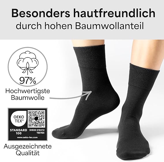 HELDENWERK Chaussettes diabétiques pour hommes et femmes, 10 paires, chaussettes diabétiques sans élastique et sans couture en 97% coton, chaussettes de santé extra larges avec bande confortable - Taille 39-42 - Noir