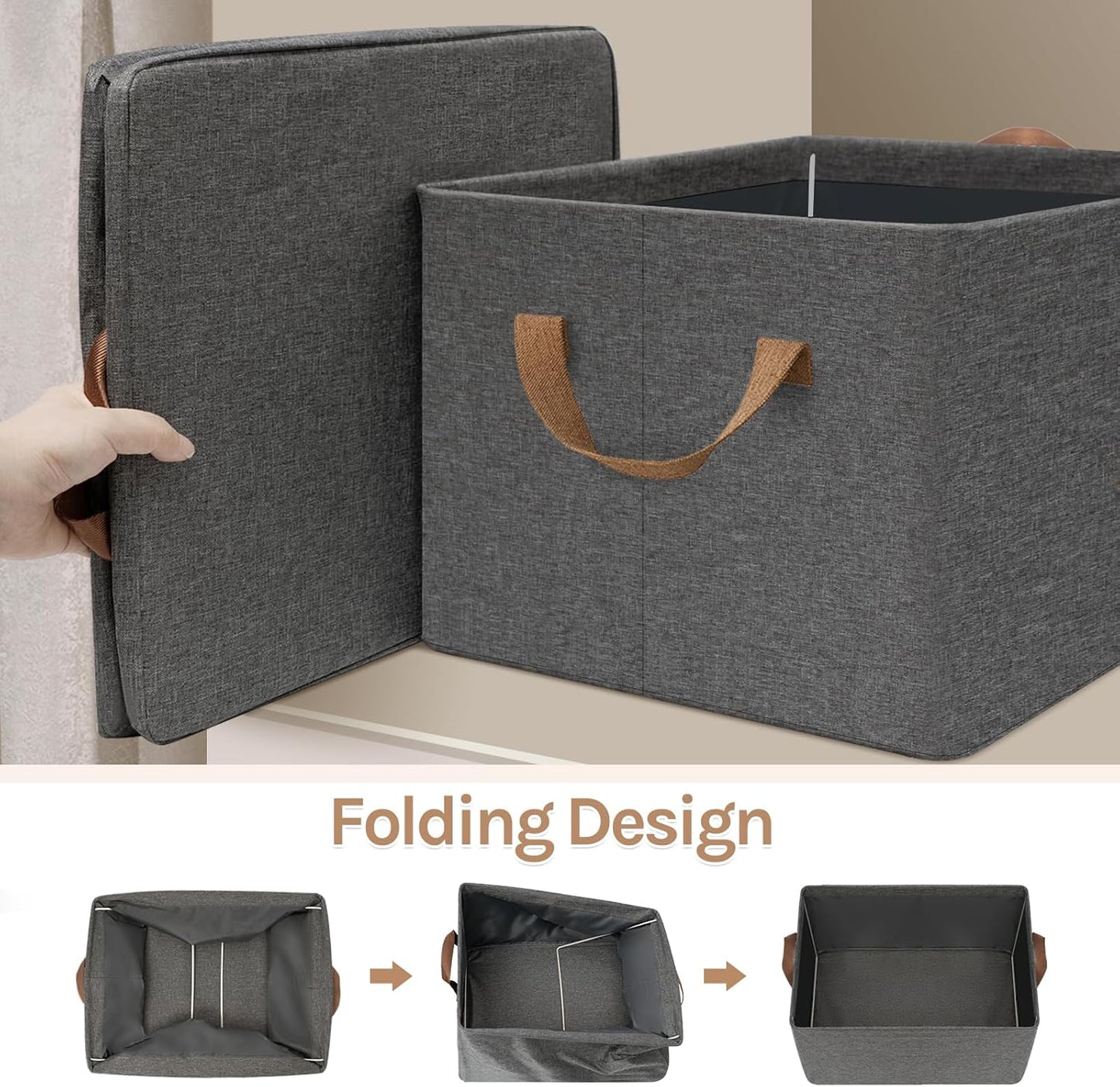 Woltu Boîte de rangement pliable Lot de 5 - Gris - 47 x 35 x 30 cm - Cubes de rangement empilables en tissu avec poignées