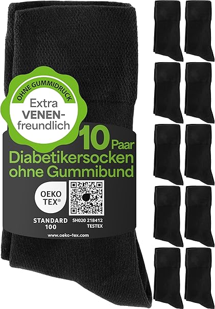 HELDENWERK Chaussettes diabétiques pour hommes et femmes, 10 paires, chaussettes diabétiques sans élastique et sans couture en 97% coton, chaussettes de santé extra larges avec bande confortable - Taille 43-46 - Noir