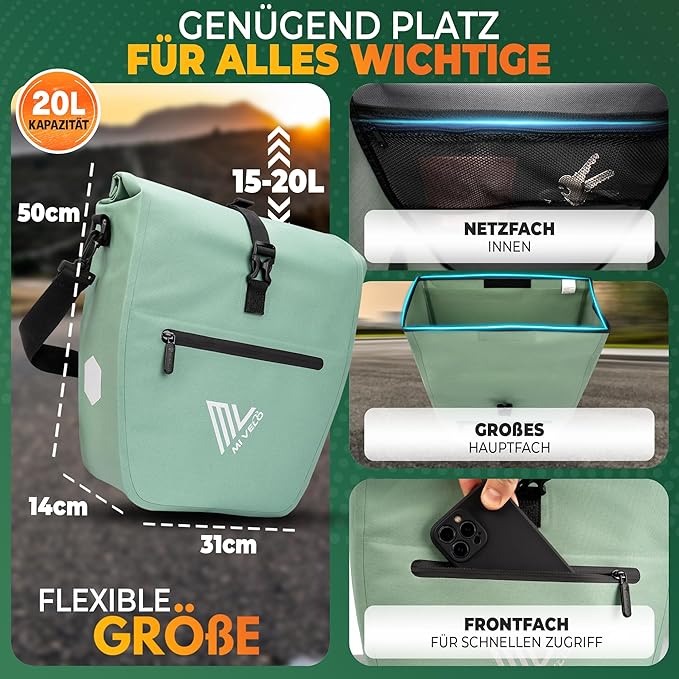 MIVELO Pannier - Imperméable & Incl. Compartiment pour ordinateur portable & Bandoulière - 20 litres - Mint