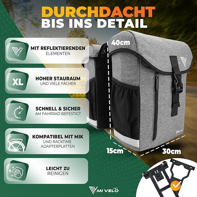 MIVELO Sac à vélo double - imperméable et avec housse de pluie réfléchissante - 36 litres - gris