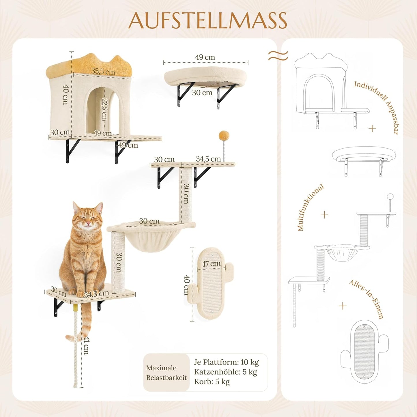 Yaheetech Mur d'escalade pour chats - 4 pièces - avec grattoir et panier - Beige