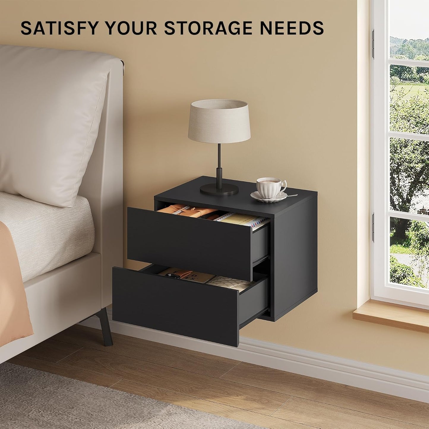 Woltu Floating Nightstands Set of 2 - Black - 40 x 30 x 30 cm - Table de nuit murale moderne avec tiroir