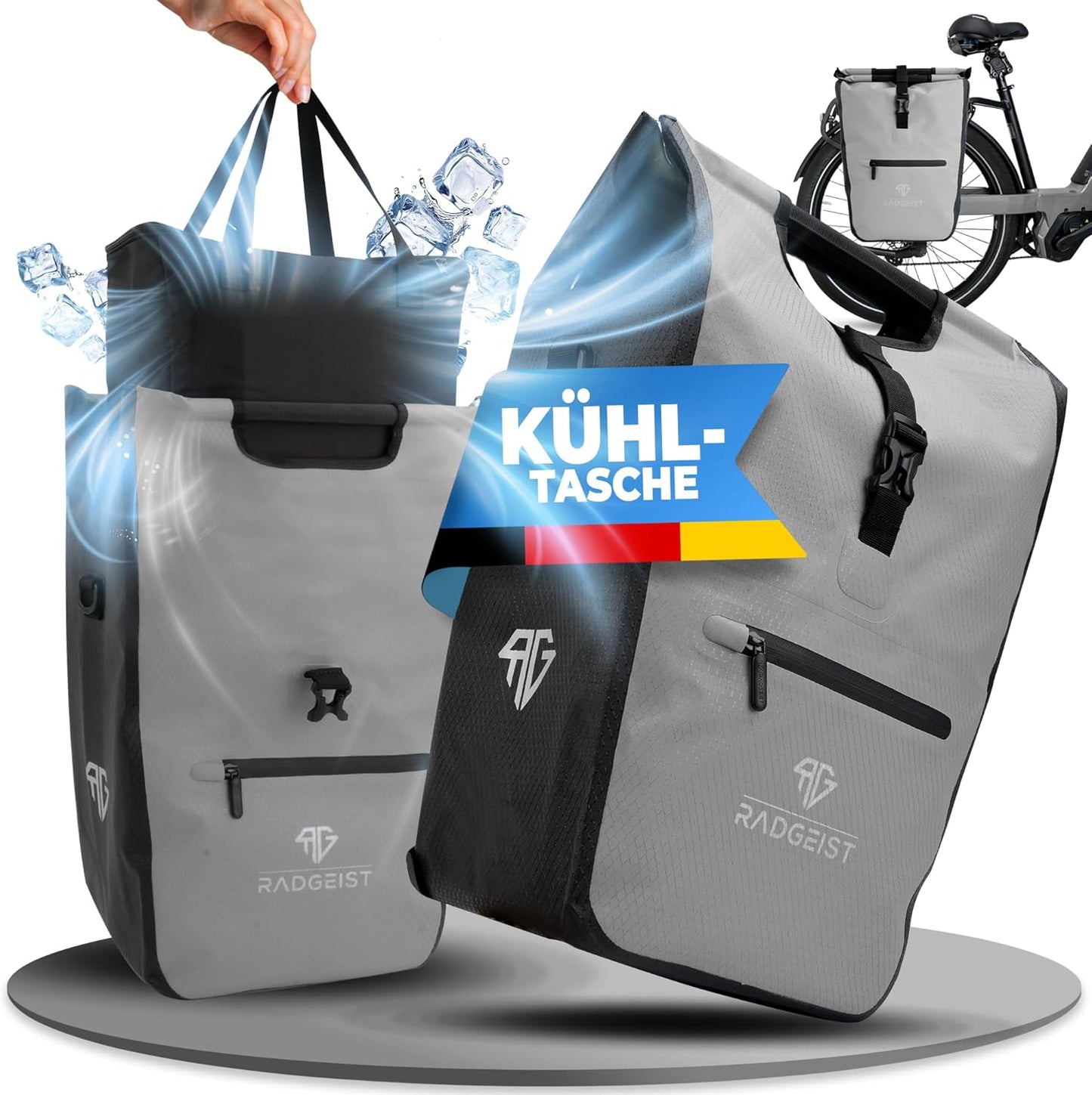 RADGEIST sacoche vélo pour porteur I sacoche vélo shopper avec sac isotherme amovible I sac shopping & sac shopping 22-28 litres - gris