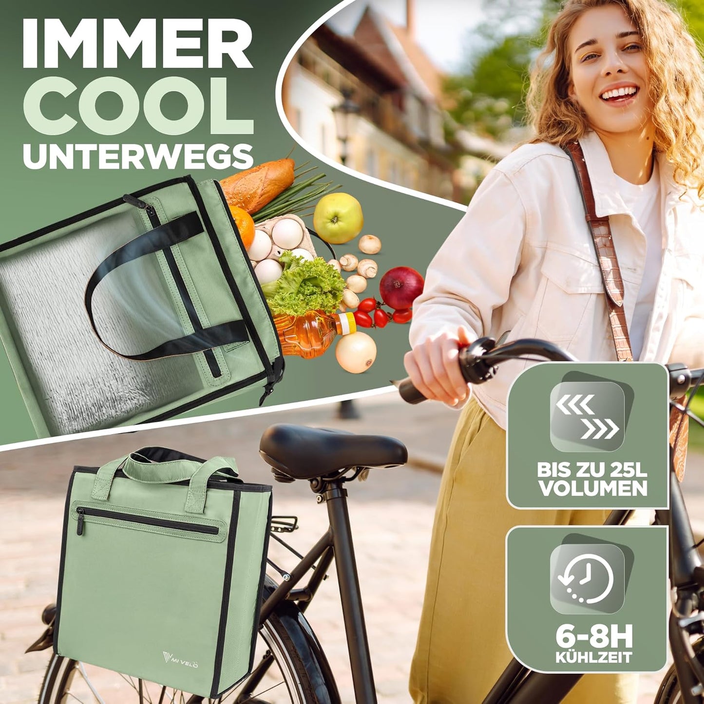 MIVELO Sac à vélo 3-en-1 - Imperméable - Sac glacière amovible - 25L - Mint