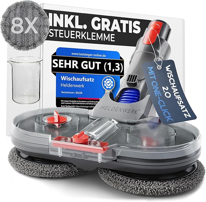HELDENWERK Accessoire serpillière pour aspirateur Dyson V6, accessoires Dyson, accessoire serpillière, balai électrique avec réservoir d'eau, réservoir de recharge et 8 serpillières lavables.