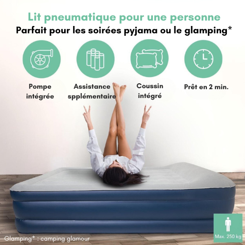 Lit gonflable 1 personne - LifeGoods - pompe intégrée - sac de transport+kit de réparation inclus - blanc-bleu