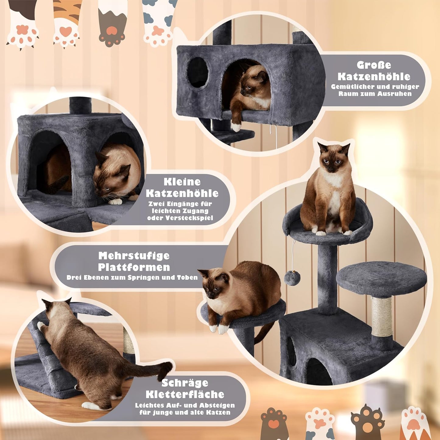 Yaheetech Scratching Post - 3 plateformes d'observation - 2 terriers pour chat - 49 x 49 x 139 cm - Gris foncé