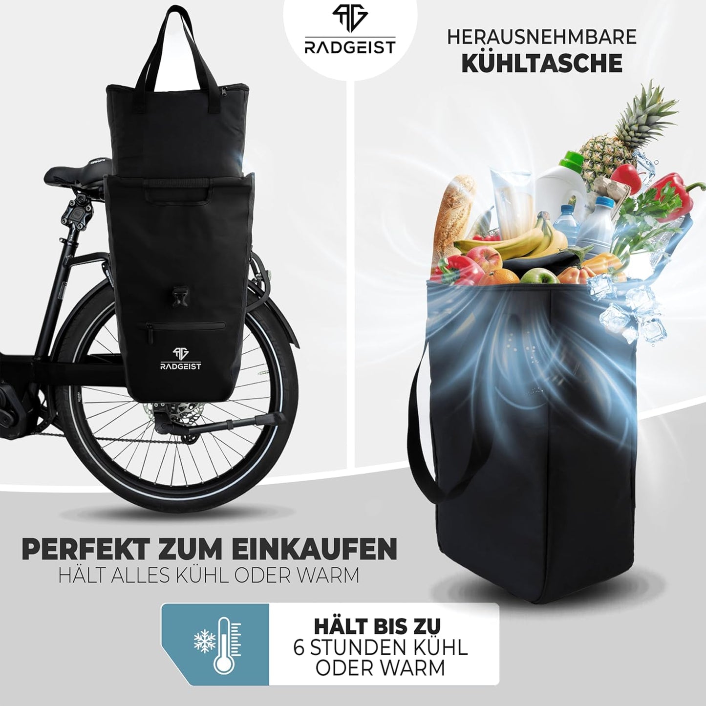 RADGEIST sacoche vélo pour porteur I sacoche vélo shopper avec sac isotherme amovible I sac messager & sac shopping 22-28 litres - noir