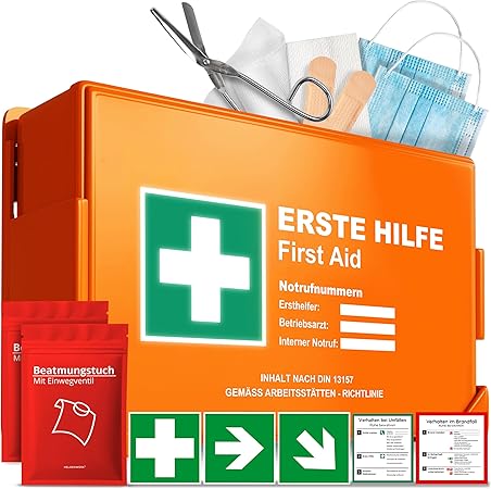 Boîte de premiers secours selon la nouvelle norme DIN 13157:2021 avec support mural et autocollants | boîte de premiers secours universelle pour l'entreprise, le ménage ou la restauration - boîte à pansements de bureau remplie, boîte sanitaire