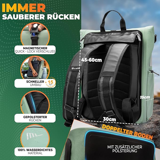 MIVELO - Sac à dos - Sac à dos et sac à bandoulière 3-en-1 - TPU étanche - 25 litres - Menthe