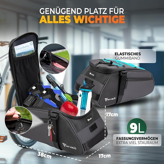 MIVELO Pannier - Sac à dos et à bandoulière 3-en-1 - Imperméable et réfléchissant - 9 litres - Gris foncé