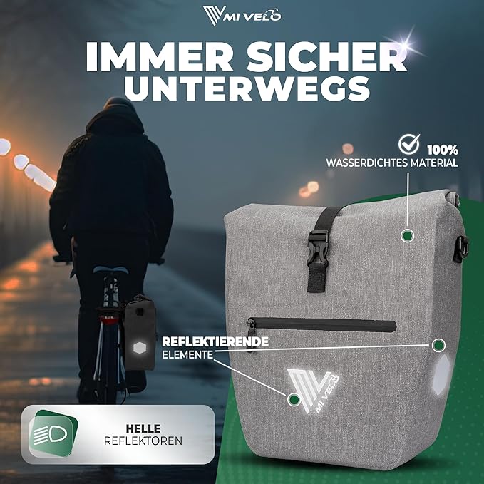 MIVELO Pannier - Imperméable & Incl. Bandoulière & Compartiment pour ordinateur portable - 20 litres - Gris