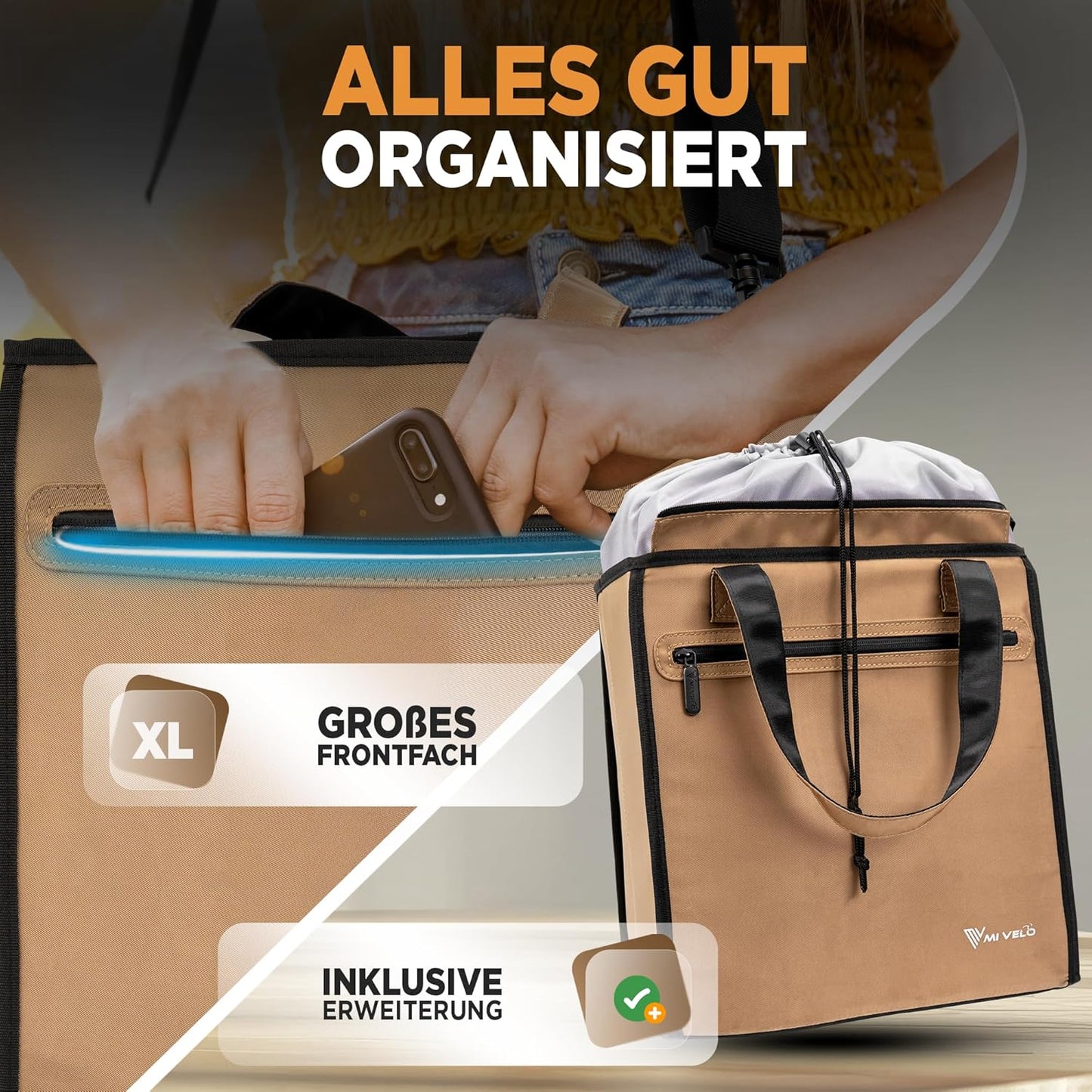 MIVELO - Sac à vélo pour les courses - Capacité de 25 litres et sac réfrigérant amovible - Polyester - Beige