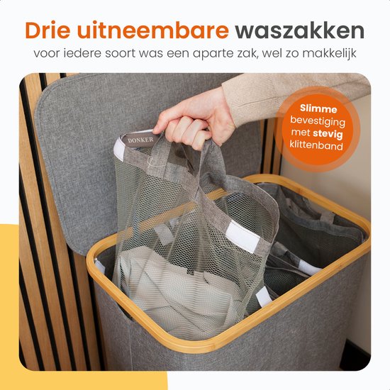 Goliving Trieur de linge 3 boîtes - 150L - Panier à linge pliable avec couvercle - 3 sacs amovibles avec étiquettes de couleur - 57 x 37 x 66 cm - Gris