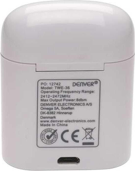 Denver Écouteurs sans Fil avec Étui de Chargement - Écouteurs sans Fil - Bluetooth - TWE36 - Blanc