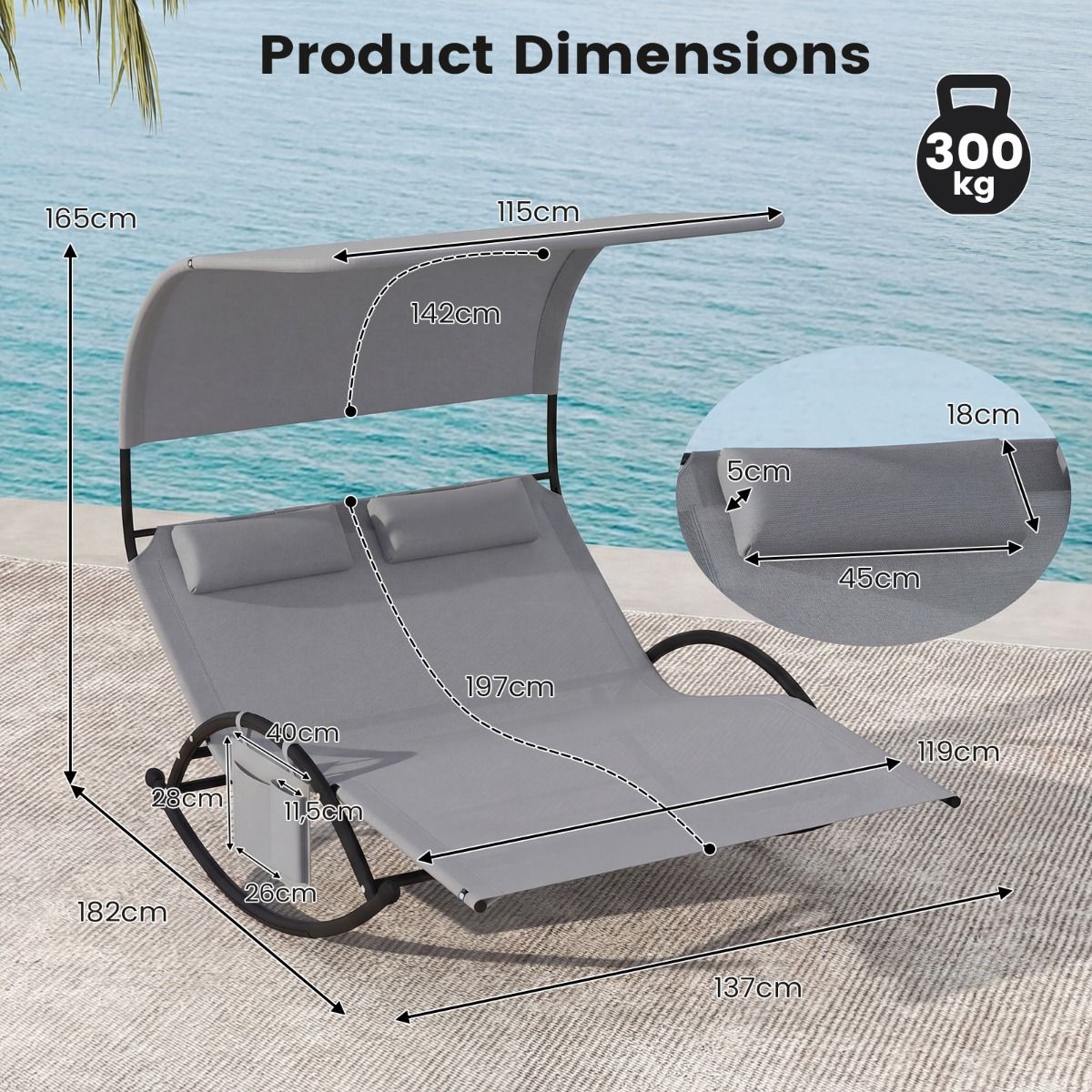 Fauteuil à bascule double Coast - avec auvent - coussins confortables - gris