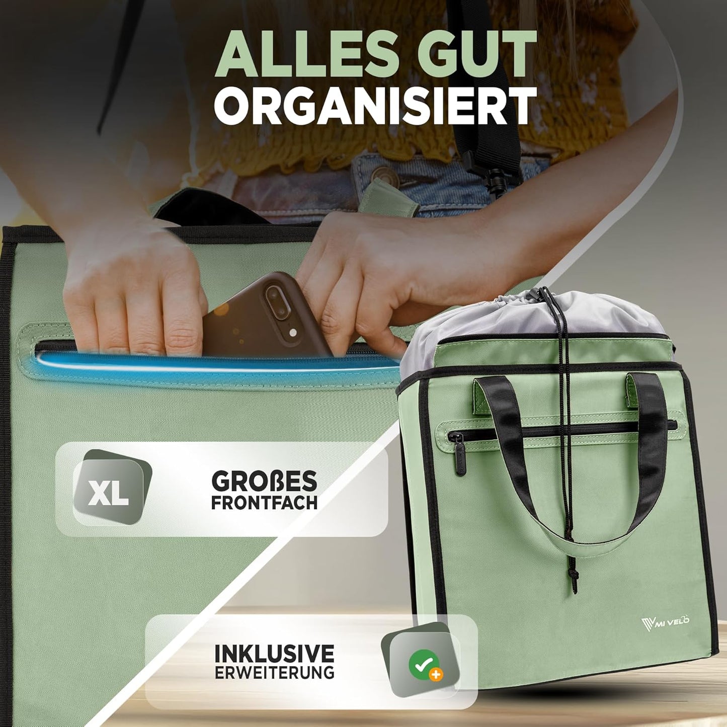 MIVELO Sac à vélo 3-en-1 - Imperméable - Sac glacière amovible - 25L - Mint