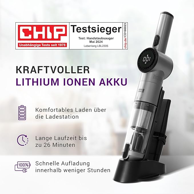 LEBENLANG Aspirateur sans fil - Batterie - 17000PA - 135W - Batterie Lithium puissante - Station de recharge incluse - Gris